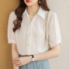 French lapel chiffon shirt for women with a unique design sense, a loose 2024 summer new style, a laid-back short-sleeved shirt details Picture